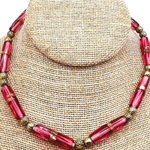 Vintage Pink Glass Tube Bead Necklace Choker Gold Tone Ball Beads Retro